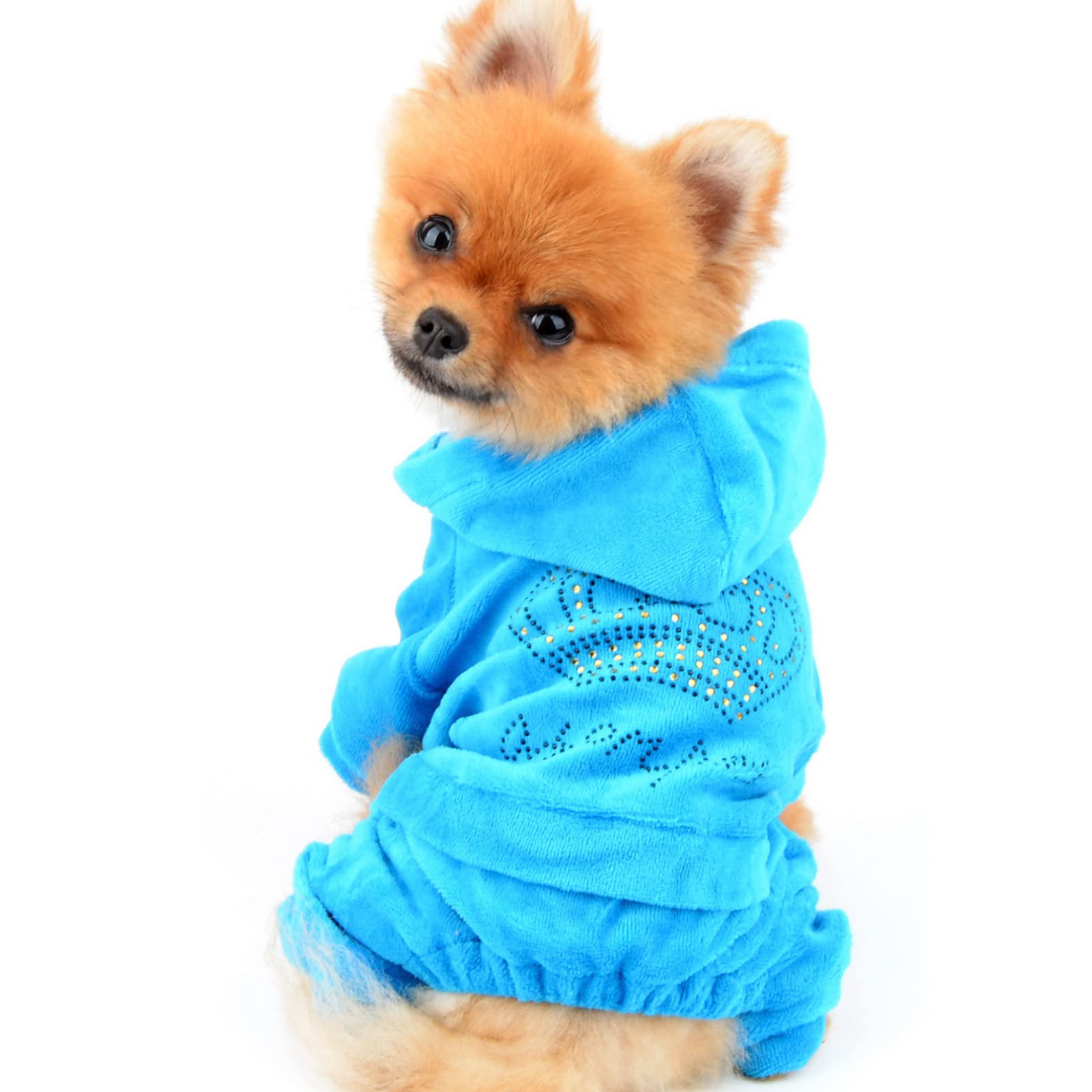 Selmai Dog Jumpsuit Hoodie Sweatshirt Dog Fleece Sweater Coat Small Pet Clothes Rhinestone Crown Blue M