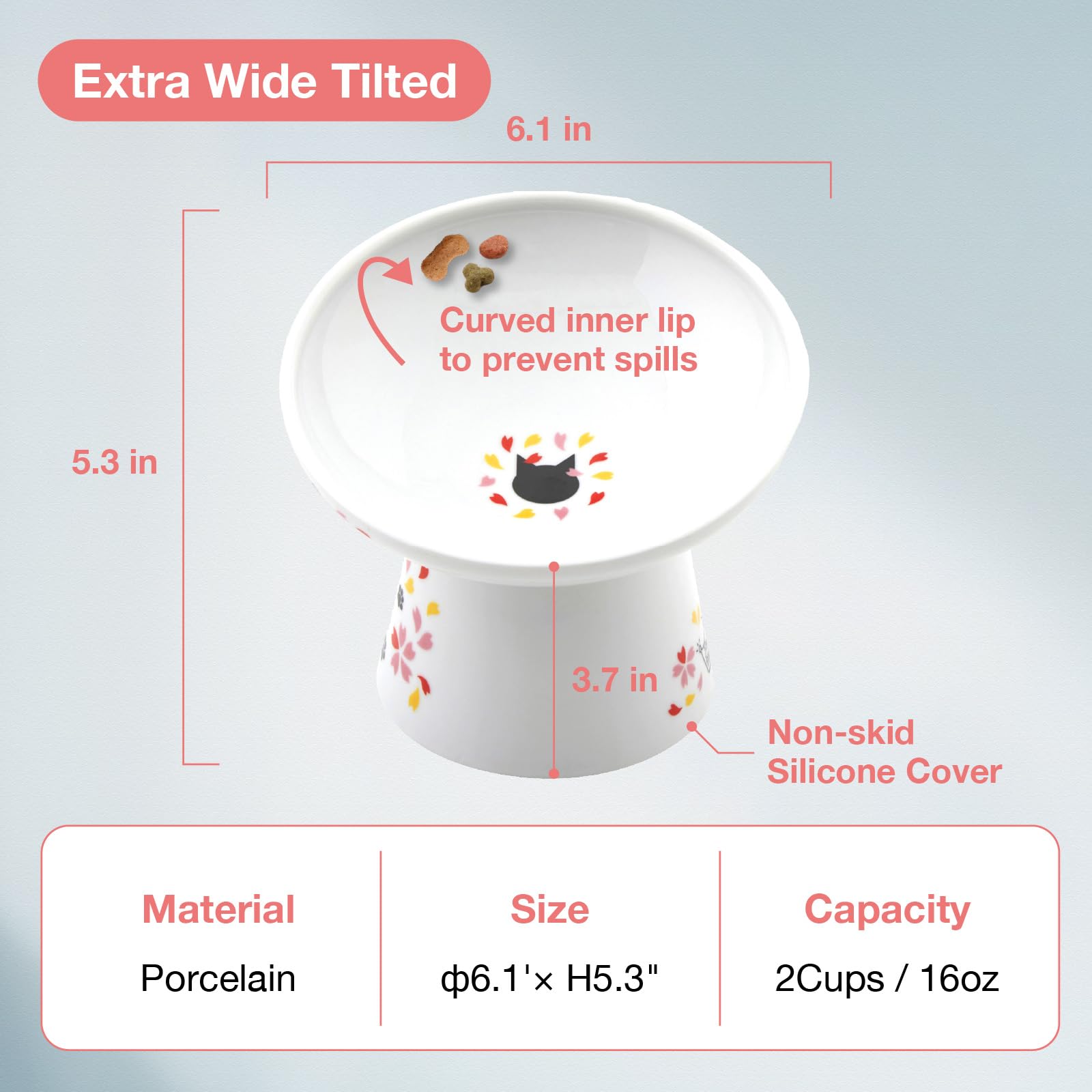 Necoichi Raised Cat Food Bowl - Ceramic Elevated 15 Tilted Cat Bowl for Whisker & Neck Fatigue, Dishwasher Microwave Safe - Non-