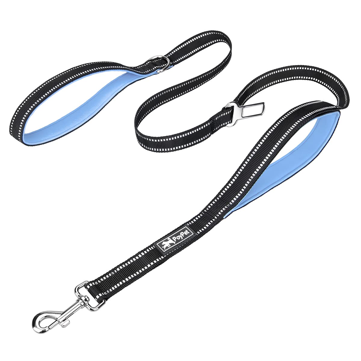 Poypet 5 Feet Dog Leash - 3M Reflective - 2 Cushioned Handles - Functional Car Seat Belt(Light Blue)