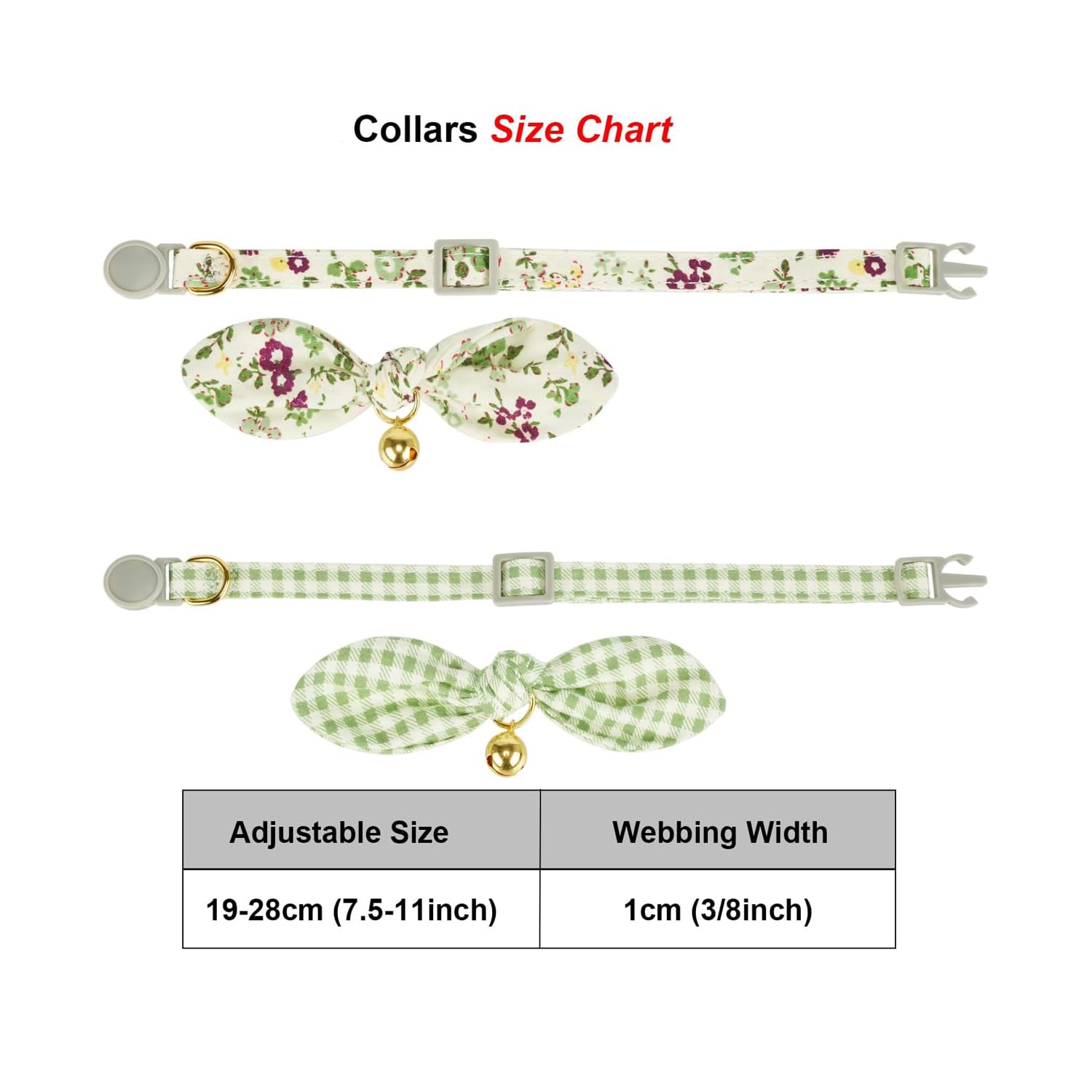 Petiry 2 Pack Cotton Cat Collar, Removable Bowtie, Floral Pattern, Safety Breakaway Clasp, Adjustable For Cats.(Adult Cat, Check