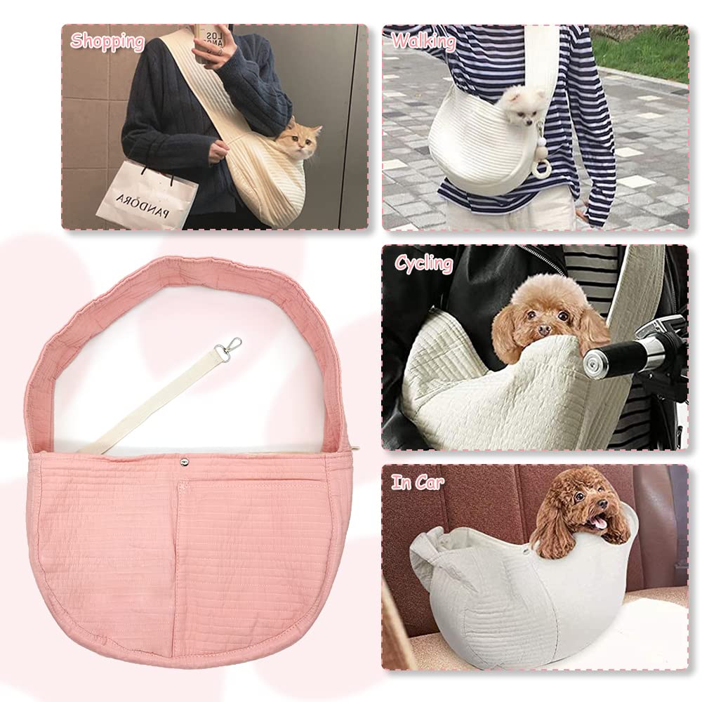 Natuya Small Dog Carrier Sling Dog Sling Carrier For Small Dogs Puppies Cats, Big Pouch Safety Leash Pet Sling Carrier For Walking Outdoor Travel (Pink, Canvas)