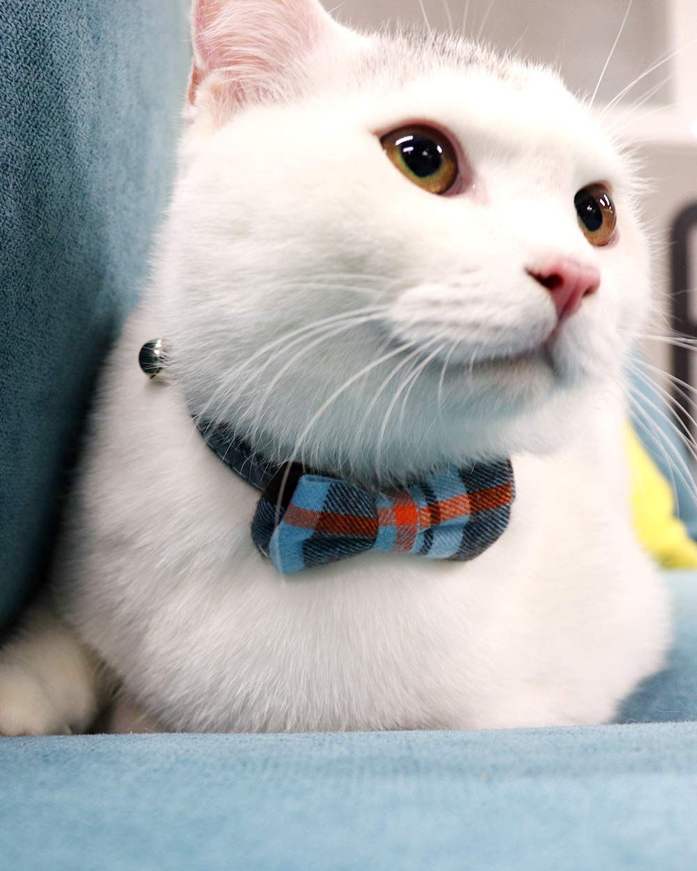 Joytale Breakaway Cat Collar with Bells & Bow Tie, Haze Blue, 7-11'' Safety Plaid Kitten Collar for Boys & Girls, 1 Pack
