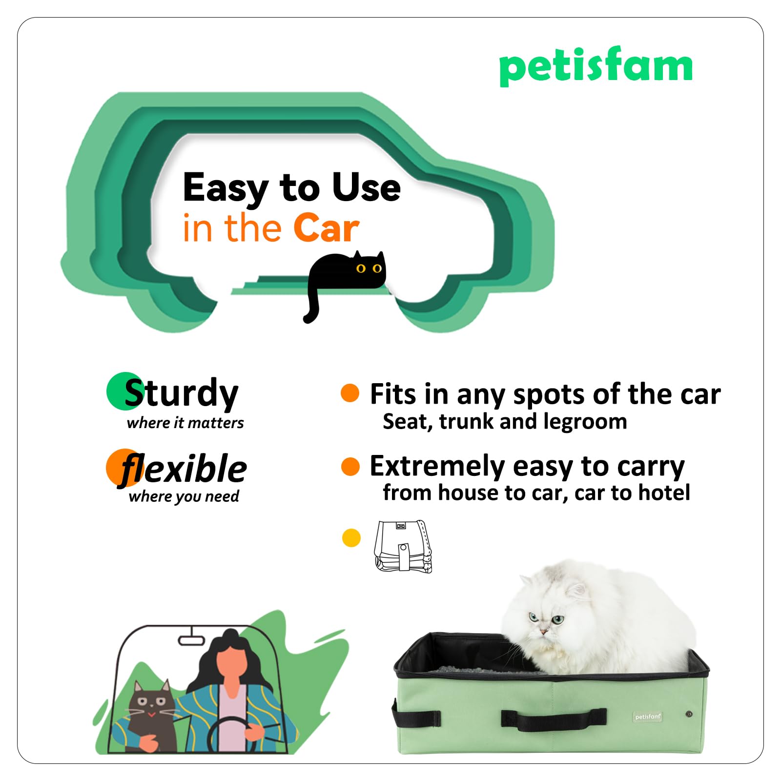 petisfam Portable Travel Litter Box for Easy Drive with Kitty, Large or Multiple Cats. Lightweight for Easy Carry, Sturdy, Leak-