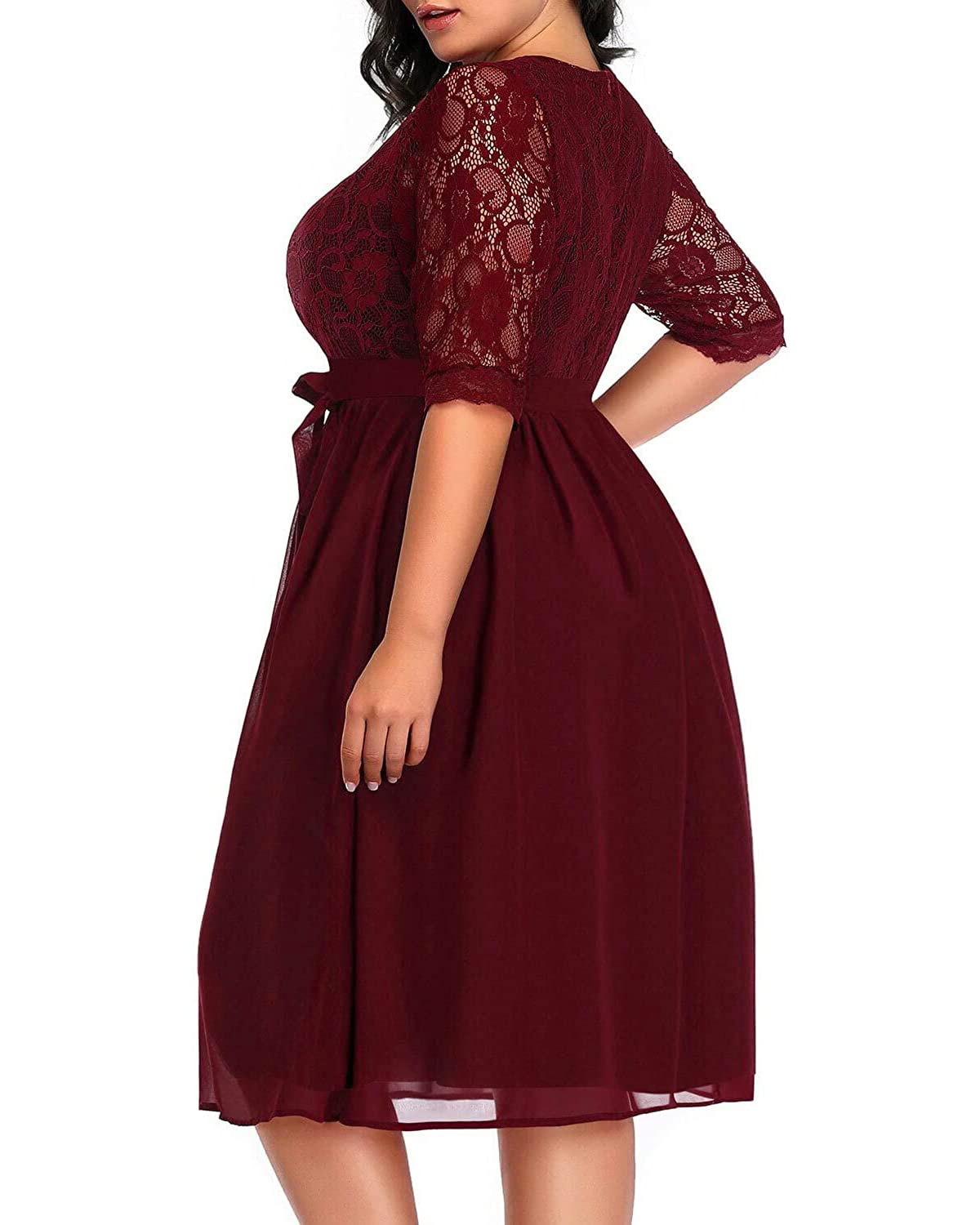 Pinup Fashion Plus Size Cocktail Dresses Women Burgundy Red Lace Top Chiffon Wedding Guest Semi-Formal Maroon Evening Party Wrap