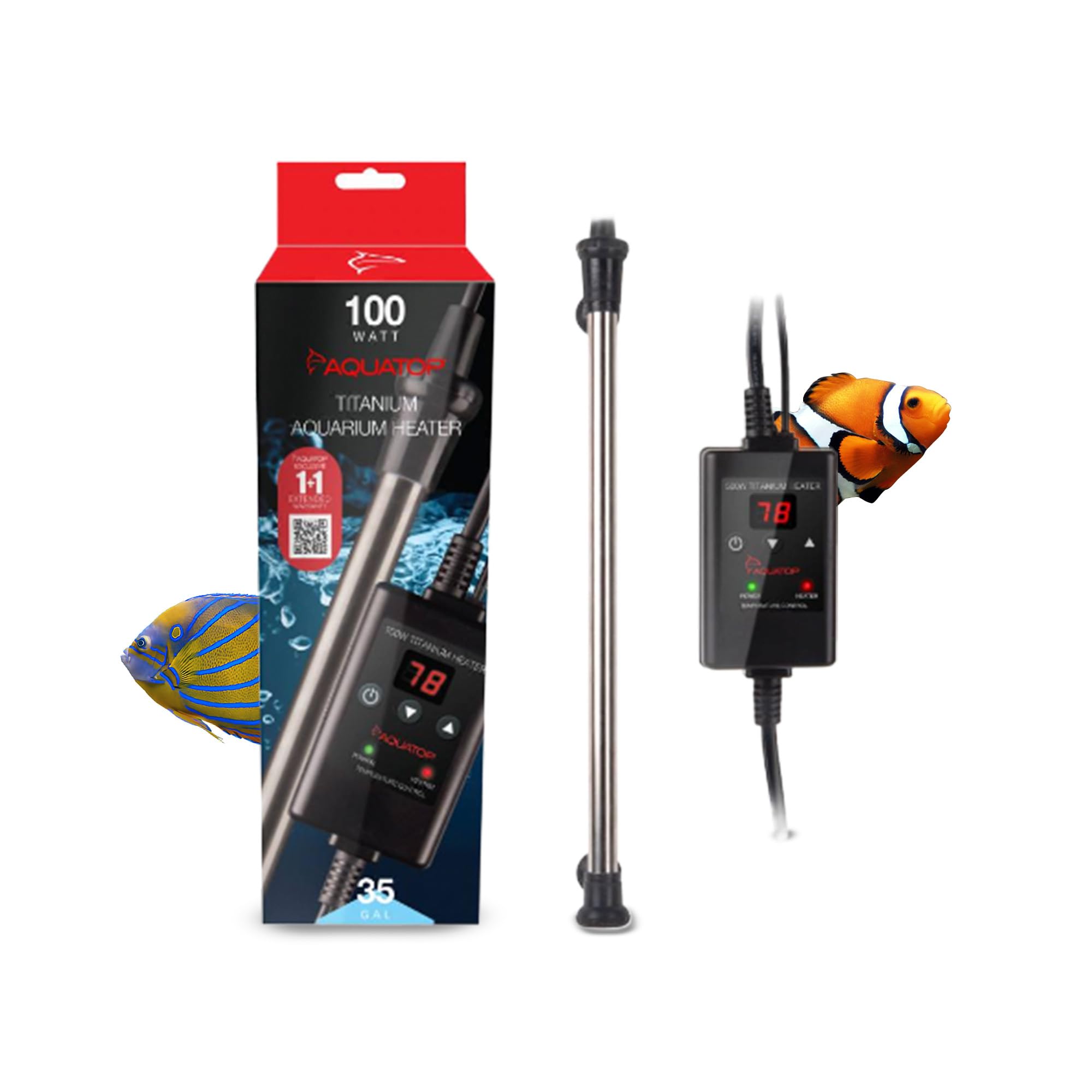 Aquatop TH-C100 Titanium Heater - Fully Submersible, Adjustable Temp, 100W for Turtles & Large Fish, Up to 35 Gallons