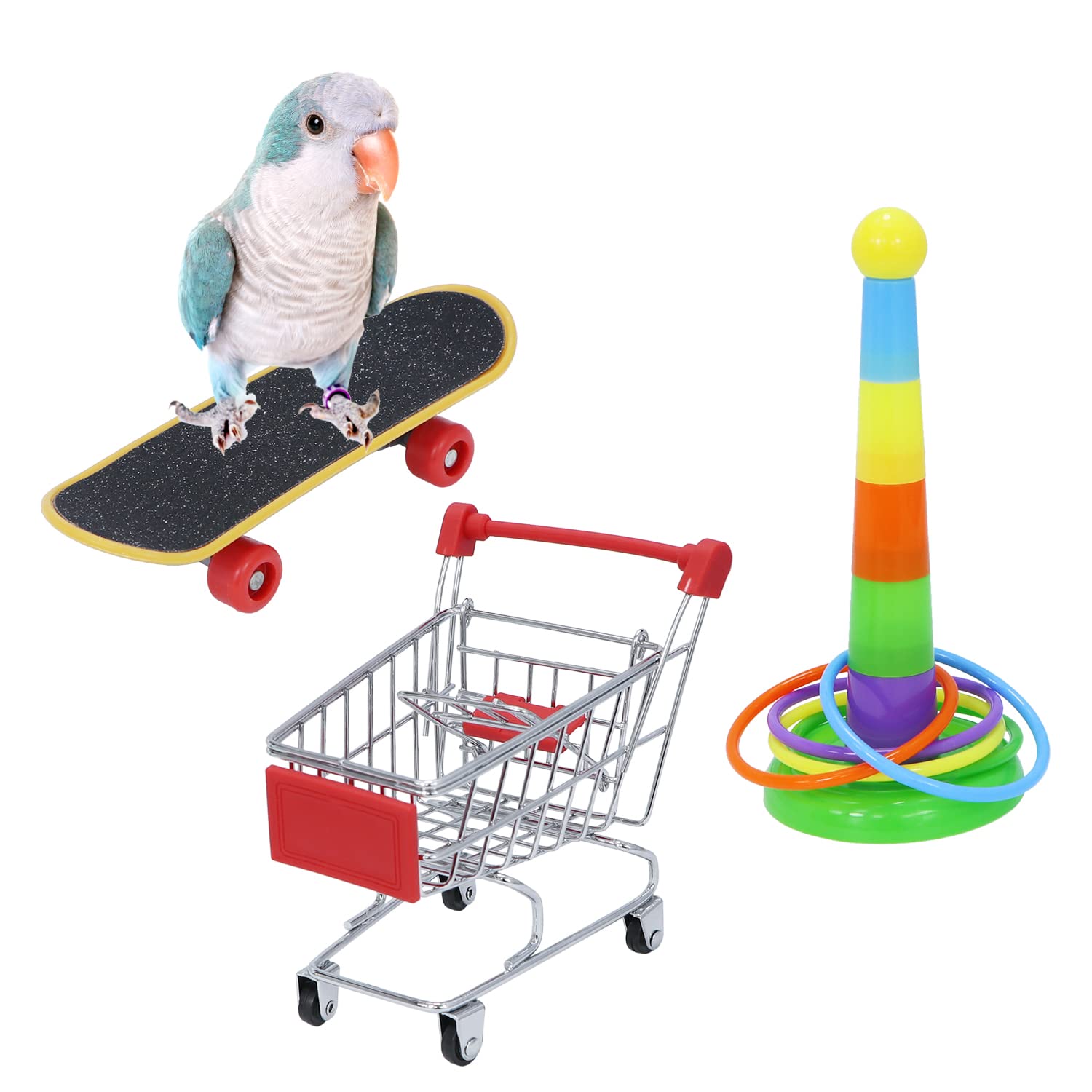 Wontee Bird Toys Mini Shopping Cart Skateboard Ring Toy for Playing and Training of Budgies Cockatiels Caique Quaker Parrot Conu