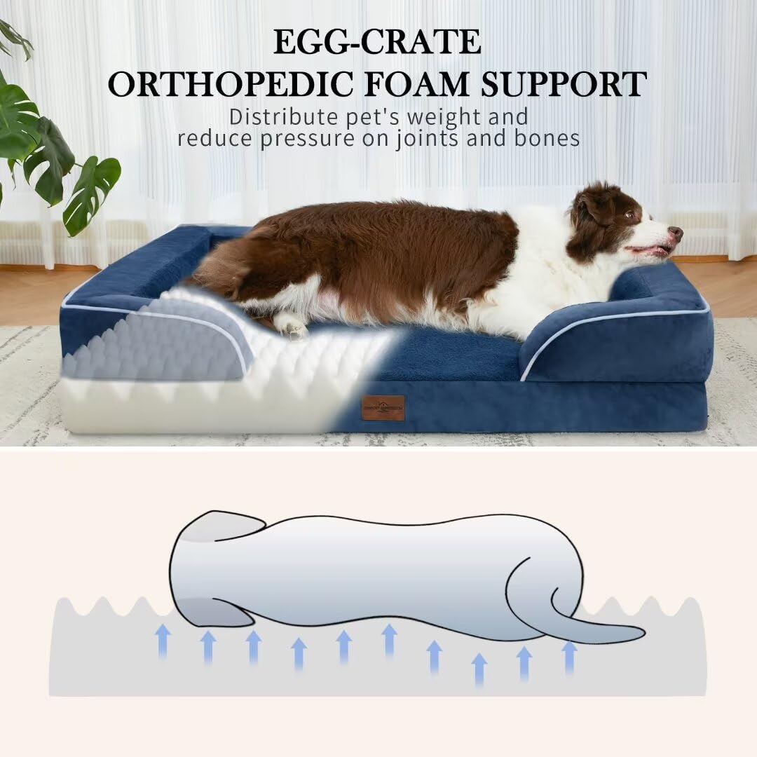 Comfort Expression Large Dog Bed - Waterproof Orthopedic Foam, 36"x27", Navy Blue, Washable Cover, Non-Slip Bottom