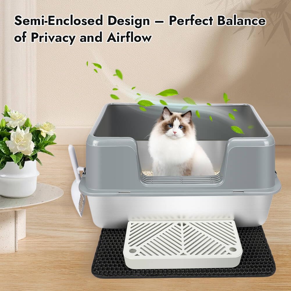 Vivifying Xl Stainless Steel Cat Litter Box, High Side Metal Litter Pan With Scoop And Footboard For Big Cats, Kittens, Rabbits