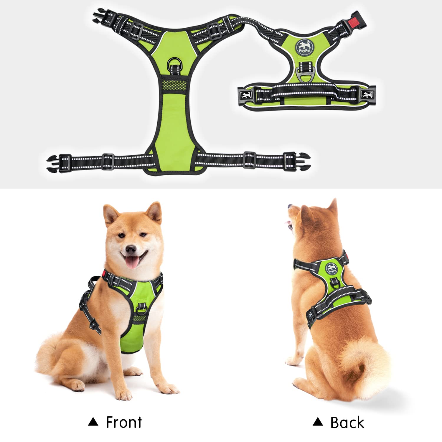 Poypet No Pull Dog Harness, No Choke Front Clip Dog Reflective Harness, Adjustable Soft Padded Pet Vest With Easy Control Handle For Small To Large Dogs(Green,S)