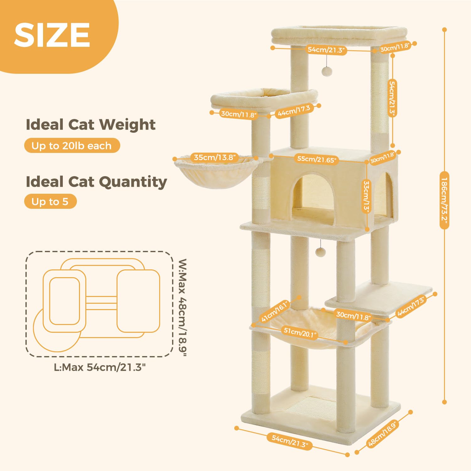 Pawz Road Large Cat Tree, 73 Inches Tall Cat Tower With 1 Large Padded Perch,2 Spacious Hammocks,8 Long Scratching Posts, Xl Plu