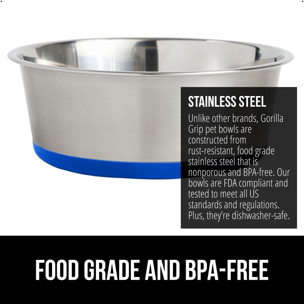 GORILLA GRIP Set of 2 Dog Bowls, Heavy Duty Metal Food and Water Bowl for Feeding Dogs and Cats, Dishwasher Safe, Rust Resistant