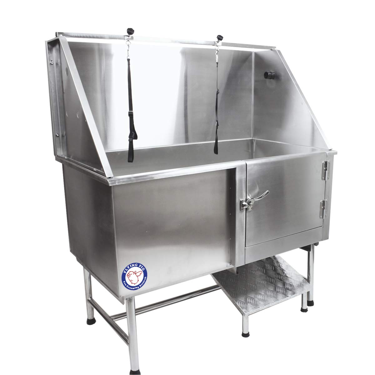 Flying Pig 50'' Stainless Steel Pet Dog Grooming Bath Tub With Walk-In Ramp & Accessories (Right Door/Left Drain)