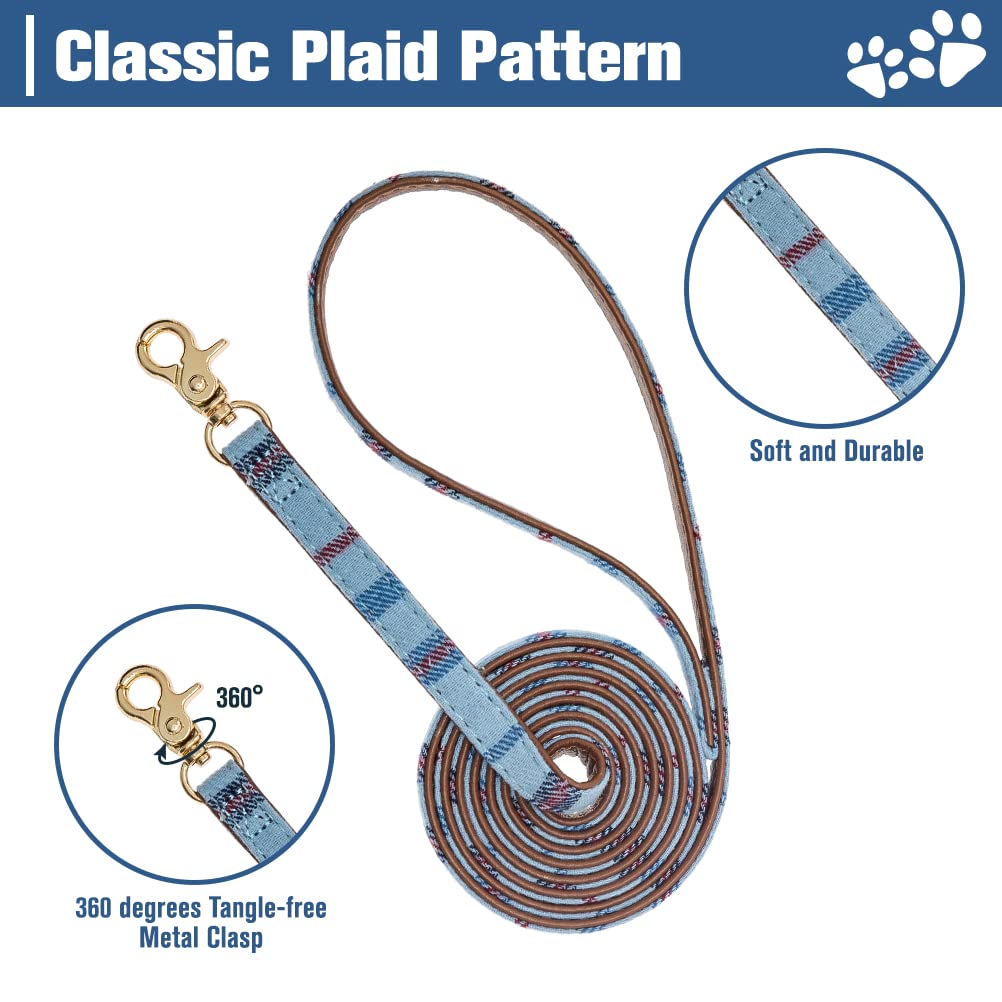 Expawlorer Dog Leash Collar Set - 3 Pack Embroidery Pawprints Plaid Dog Collars And Leash Tangle Free, Bow Tie And Bandana Collar With Bell, Adjustable Collar Set For Dogs Cats Outdoor Walking