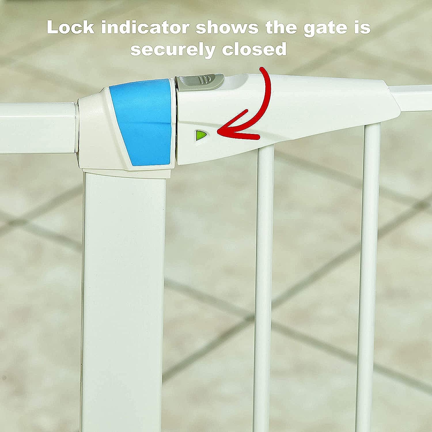Midwest Homes For Pets 39 Inches Tall Walk-Though Steel Pet Gate, Pressure Mounted Dog Gate With Glow Strip Measures 29 - 38 Inches Wide & Includes Two 3-Inch-Wide Extensions, White