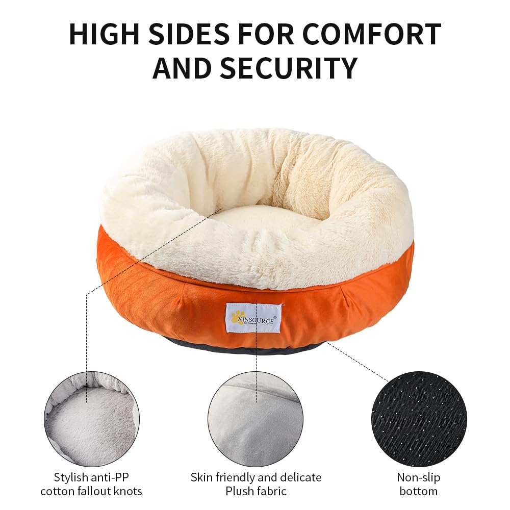 Xinsource Cozy Round Pet Bed, Cats Bed,Dogs Bed. Soft Plush Interior. Extra Support. Non-Slip. Machine Washable. (Gery+Orange, S