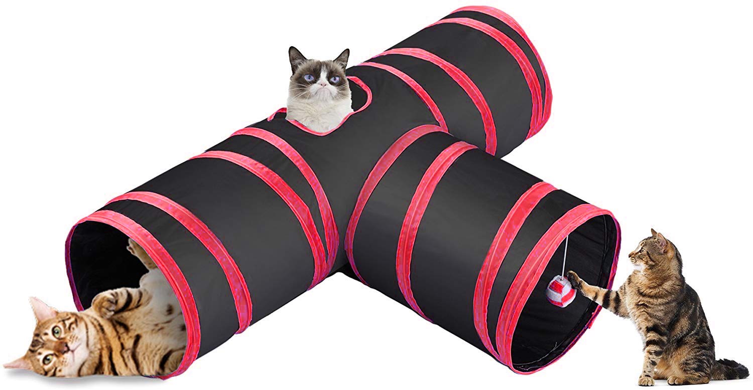 Western Era Cat Tunnel Toy 3 Way Collapsible For Indoor & Outdoor Play With Hanging Toy Ball For Cat, Puppy, Kitty, Kitten (Red)