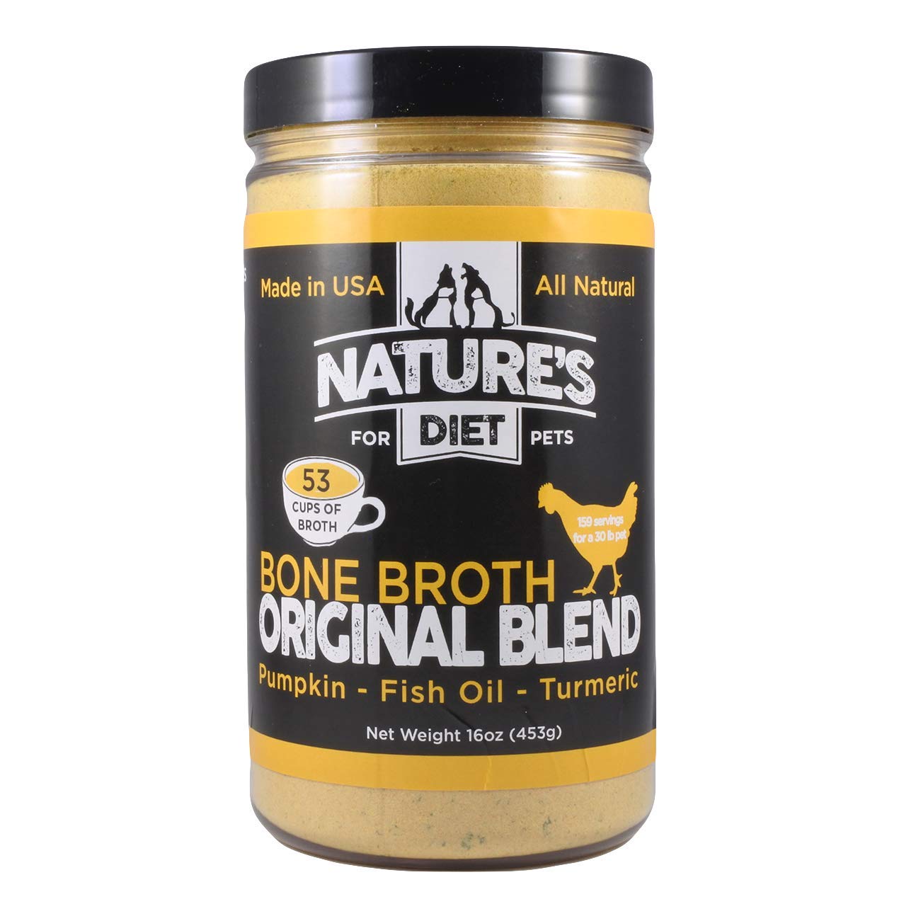 Natures Diet Pet Bone Broth Protein Powder with Pumpkin, Fish Oil and Turmeric (Chicken, 16 oz = 159 Servings)