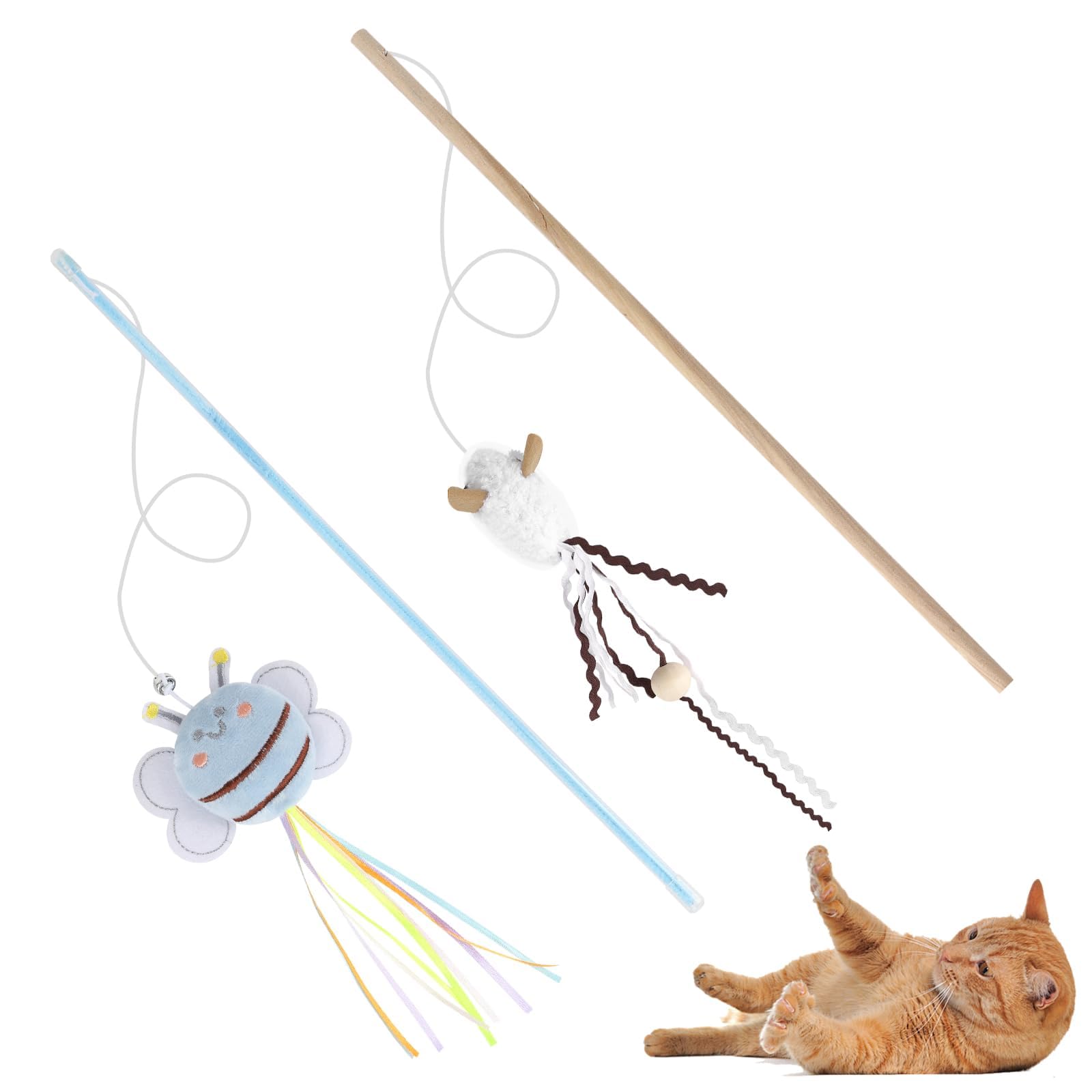 NOWFRESH Cat Wand Toy Set, 2 PCS Interactive Cat Teaser Wands with Cute Bee & Mouse Designs, Equipped with Bells and Streamers t