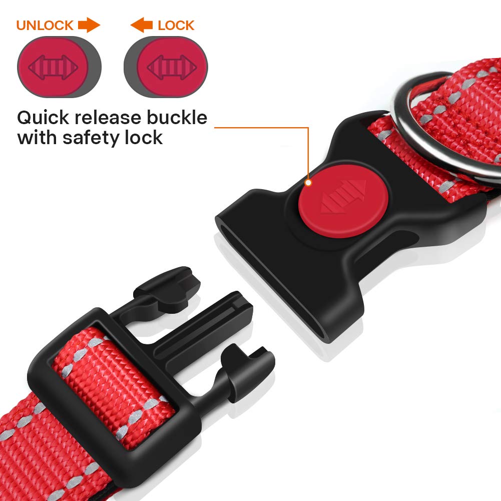 Taglory Reflective Dog Collar With Safety Locking Buckle, Adjustable Nylon Pet Collars For Puppy Dogs, Xs, Red