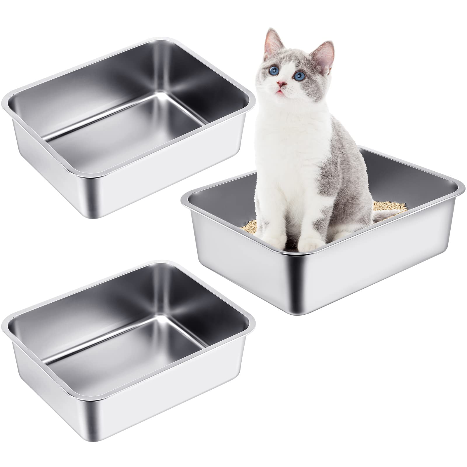 Gerrii 3 Packs Extra Large Stainless Steel Litter Box for Cat with High Sides, Non Stick Smooth Surface, Easy to Clean for Cat B