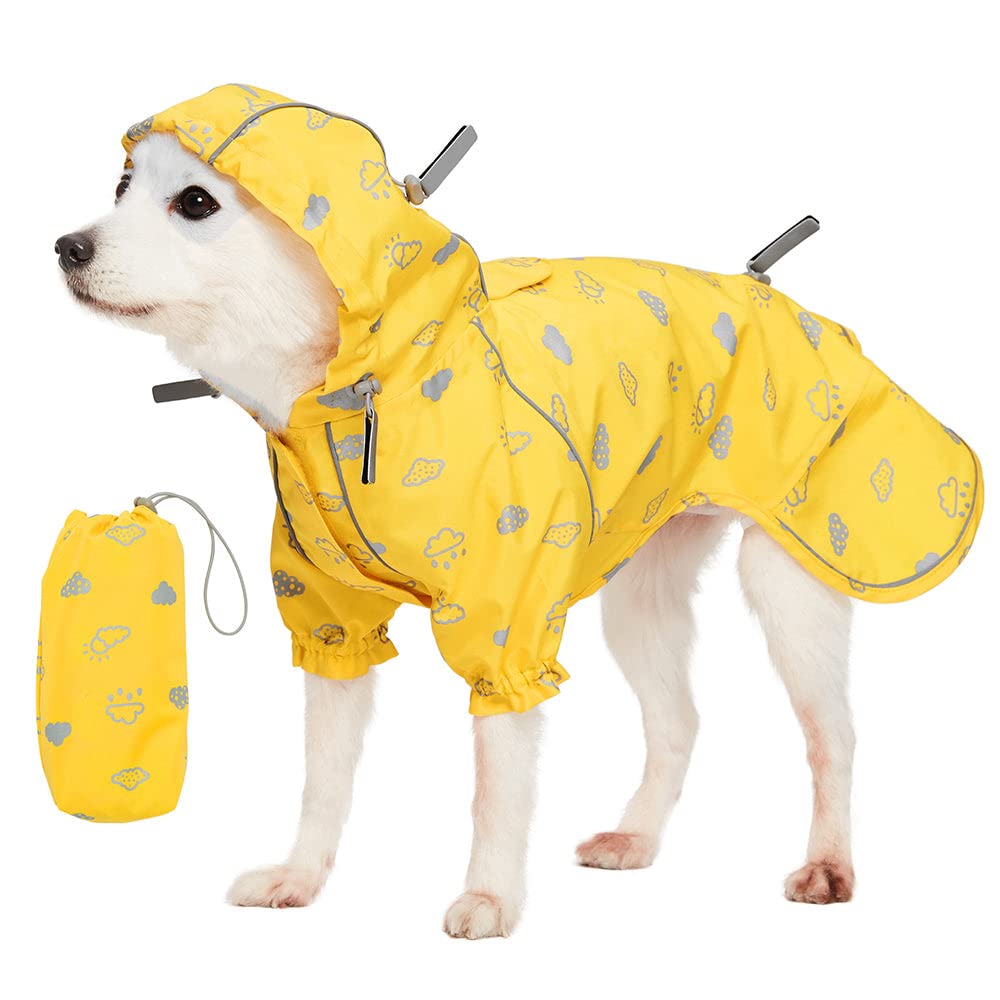 Blueberry Pet 14 Reflective Cloud Prints Lightweight Waterproof Dog Raincoat with Hood & Harness Hole, Sunflower Yellow, Outdoor