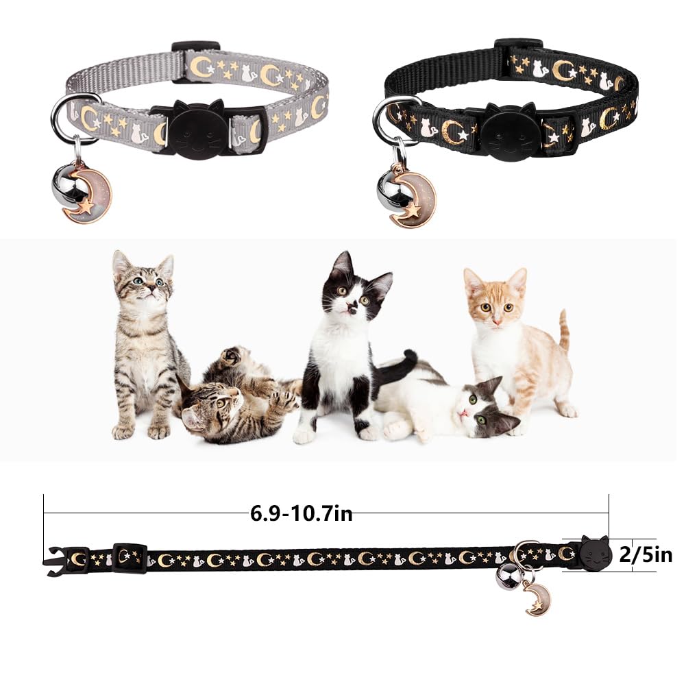 2Pcs Breakaway Cat Collars With Bell Cute Kitty Glow In The Dark Adjustable Kitten Collars(Grey&Black)