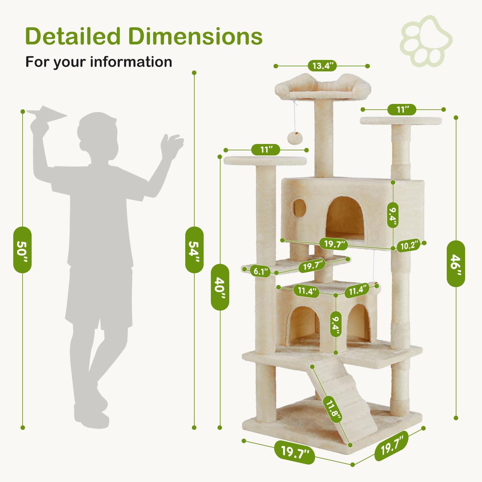 Dumos 54-Inch Indoor Cat Tree Tower -Multi-Level Pet House For Large Cats With 2 Condos, Scratching Posts, Round Platform, Small