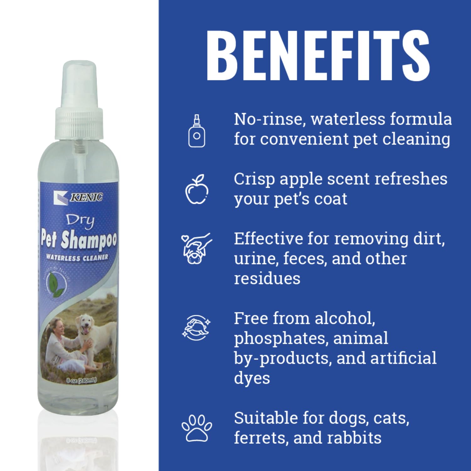 Kenic Refreshing Apple-Scented Pet Dry Pet Shampoo Spray Cleanser for Dogs, Cats, Ferrets & Rabbits, Spot Clean Spray, No Rinse