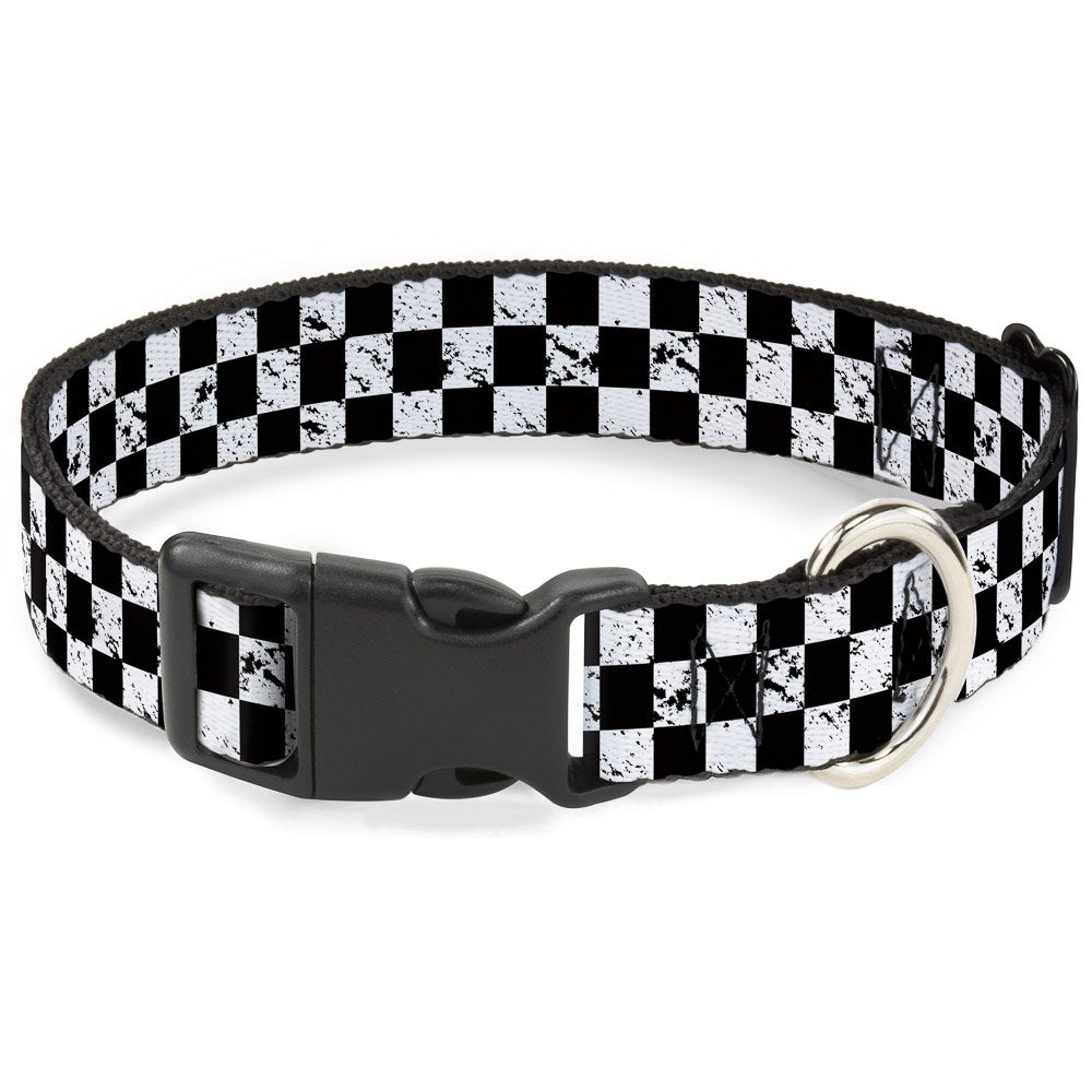 Buckle-Down Plastic Clip Collar - Checker Weathered2 Black/White - 1'' Wide - Fits 11-17'' Neck - Medium