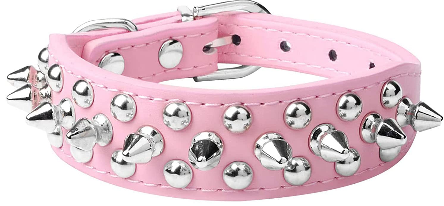 haoyueer Spiked Dog Collar Soft Pu Leather Mushrooms Rivet Spike Studded Puppy Adjustable Pet Collars for Small Breeds (S, Pink)