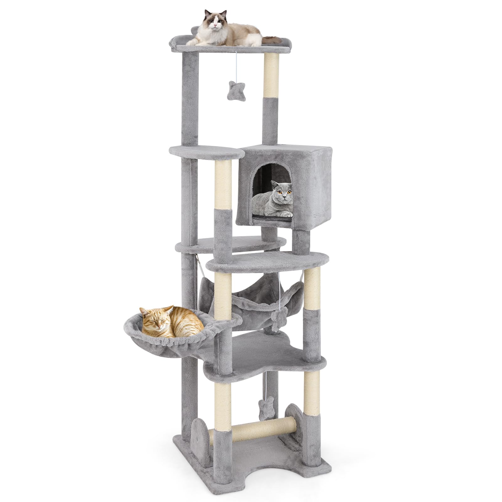 PETSITE 69 Inch Tall Cat Tree, Multi-Level Grey Cat Tower with Sisal Scratching Posts, Cat Condo, Basket Bed, Hammock, Basket Be