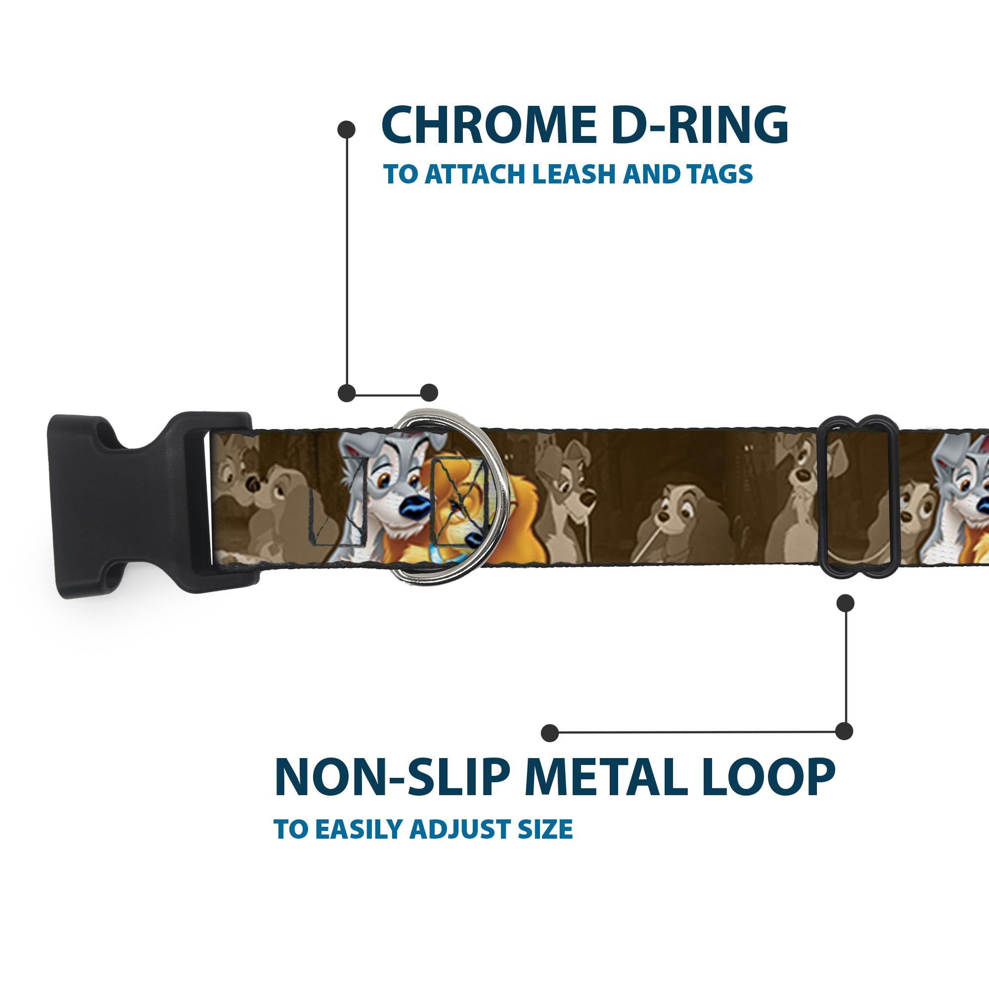 Buckle-Down Pc-Wdy372-Ns Plastic Clip Collar-Lady And Tramp 2-Poses/Spaghetti Kiss Scene Browns, 1/2'' W-6-9'' Neck-Small