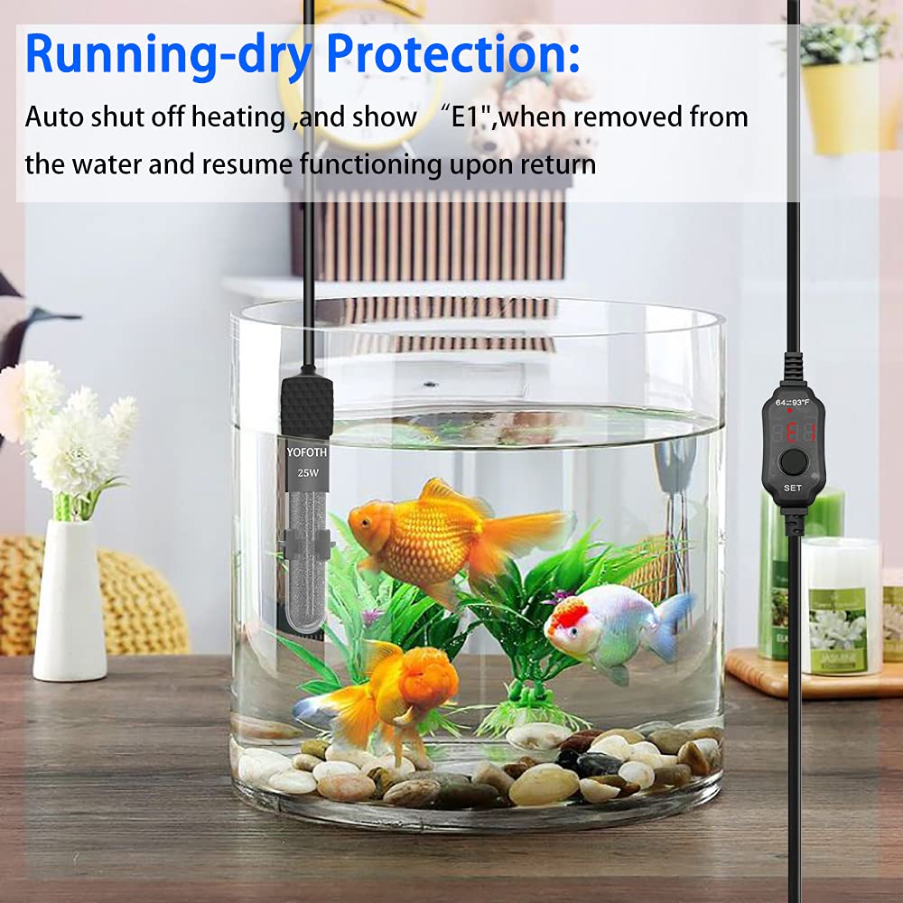 Yofoths Adjustable Mini Aquarium Heater3-5 Gallons Submersible Small Fish Tank Heater 25W Digital Display Thermostat External Temperature Controller (25W)