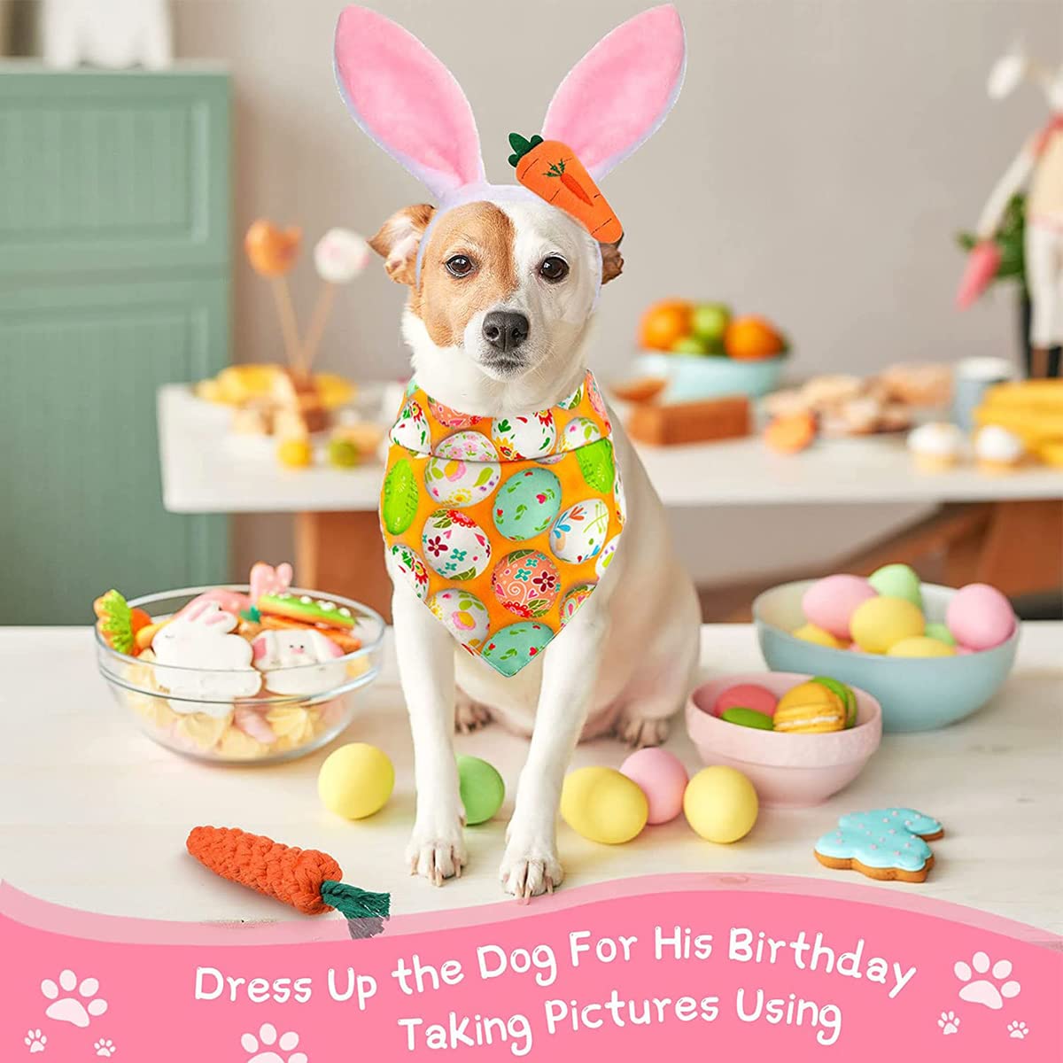 Dog Easter Bunny Costume, 3 Pack Pet Rabbit Ears Headband, Egg Dog Bandana, Carrot Dog Toy Set, Easter Dog Costumes For Small Do