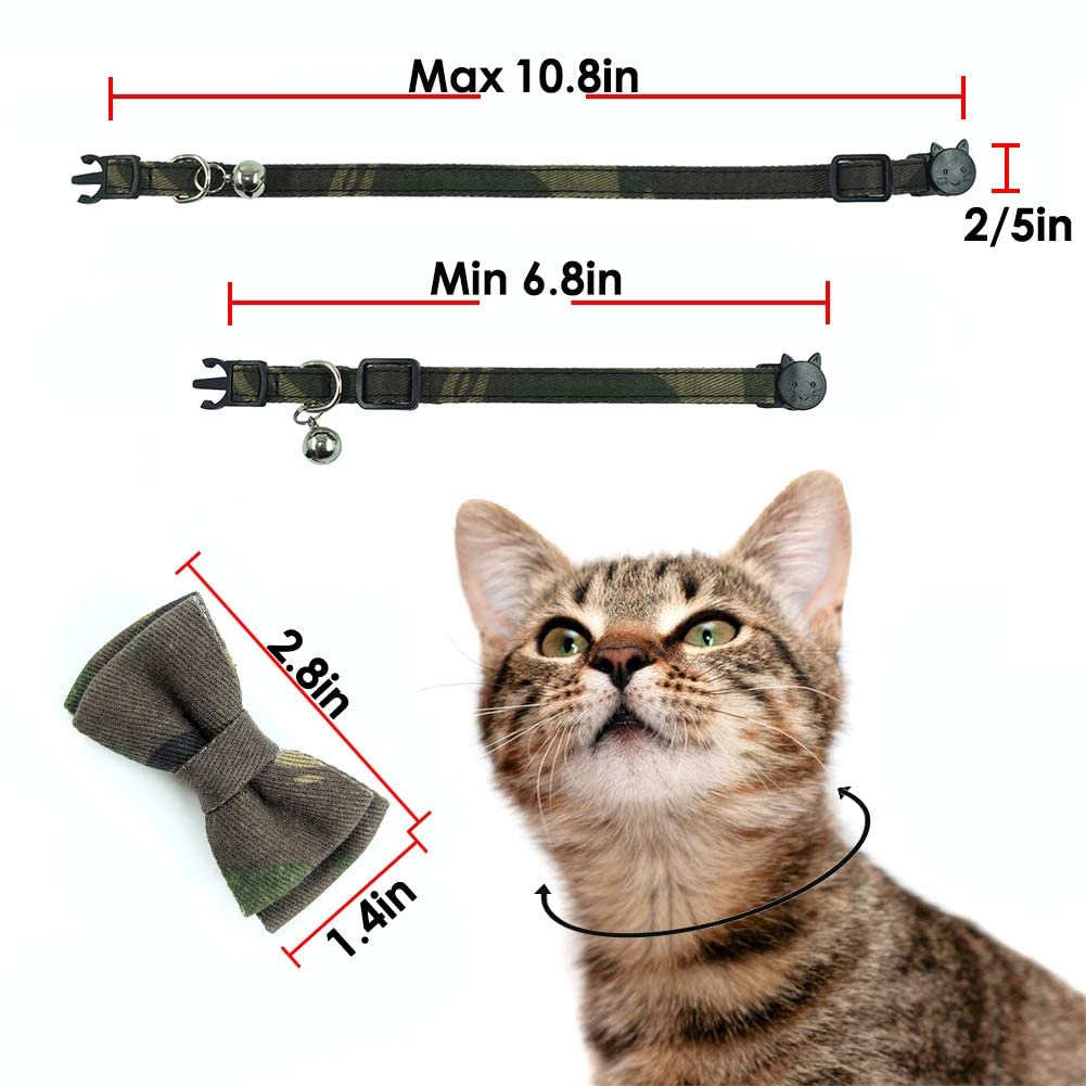 Cat Collar Bowtie With Bell, Quick Release Buckle Safety And Durable Kitties Kittens Cats Breakaway Collar Set Of 2 Pcs(6.8-10.8In) (Camouflage 1&Camouflage 2)