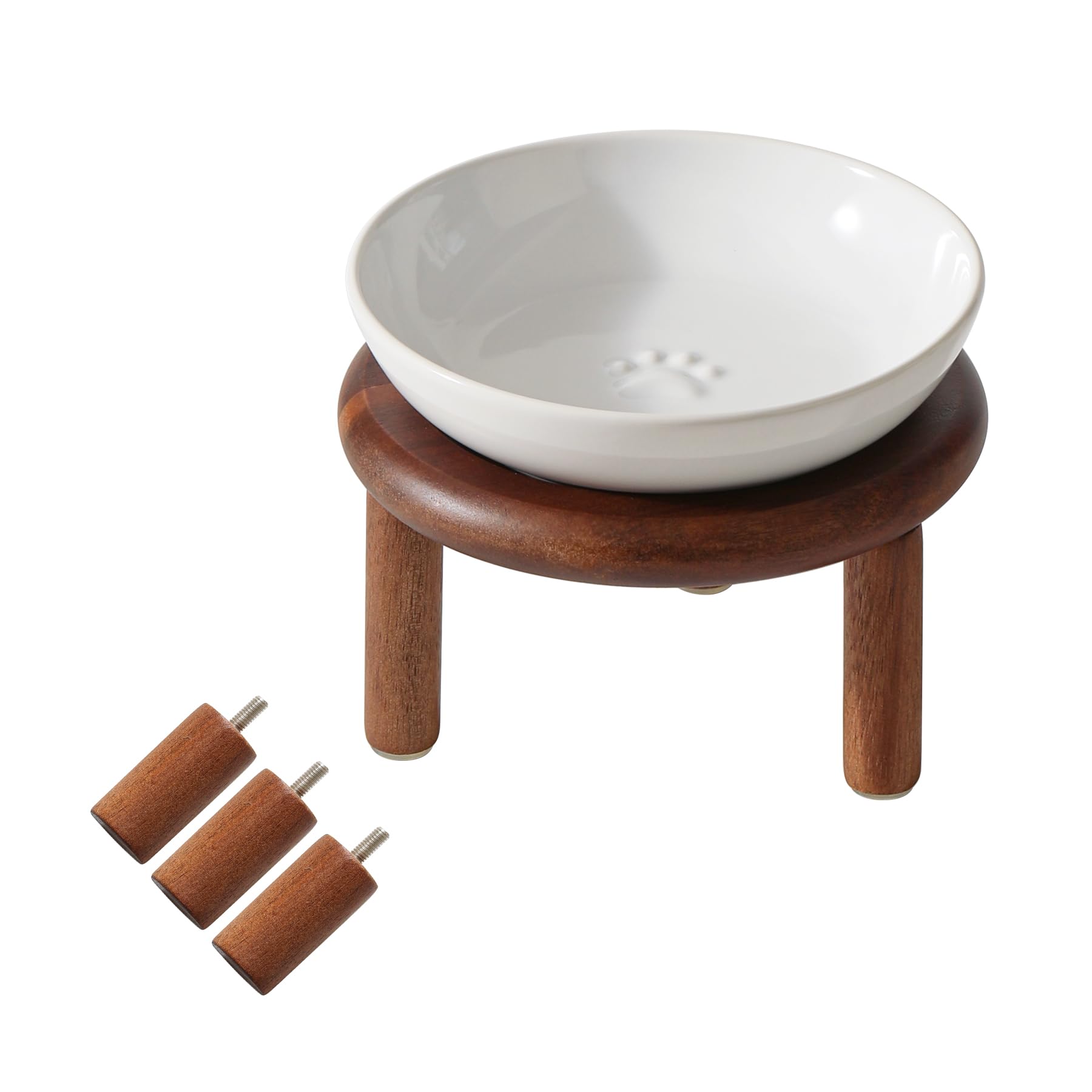 Havniva Elevated Ceramic Cat Dish, Wide Whisker Friendly Anti-Slip Food & Water Bowl with 2 Heights Adjustable Acacia Wooden Sta