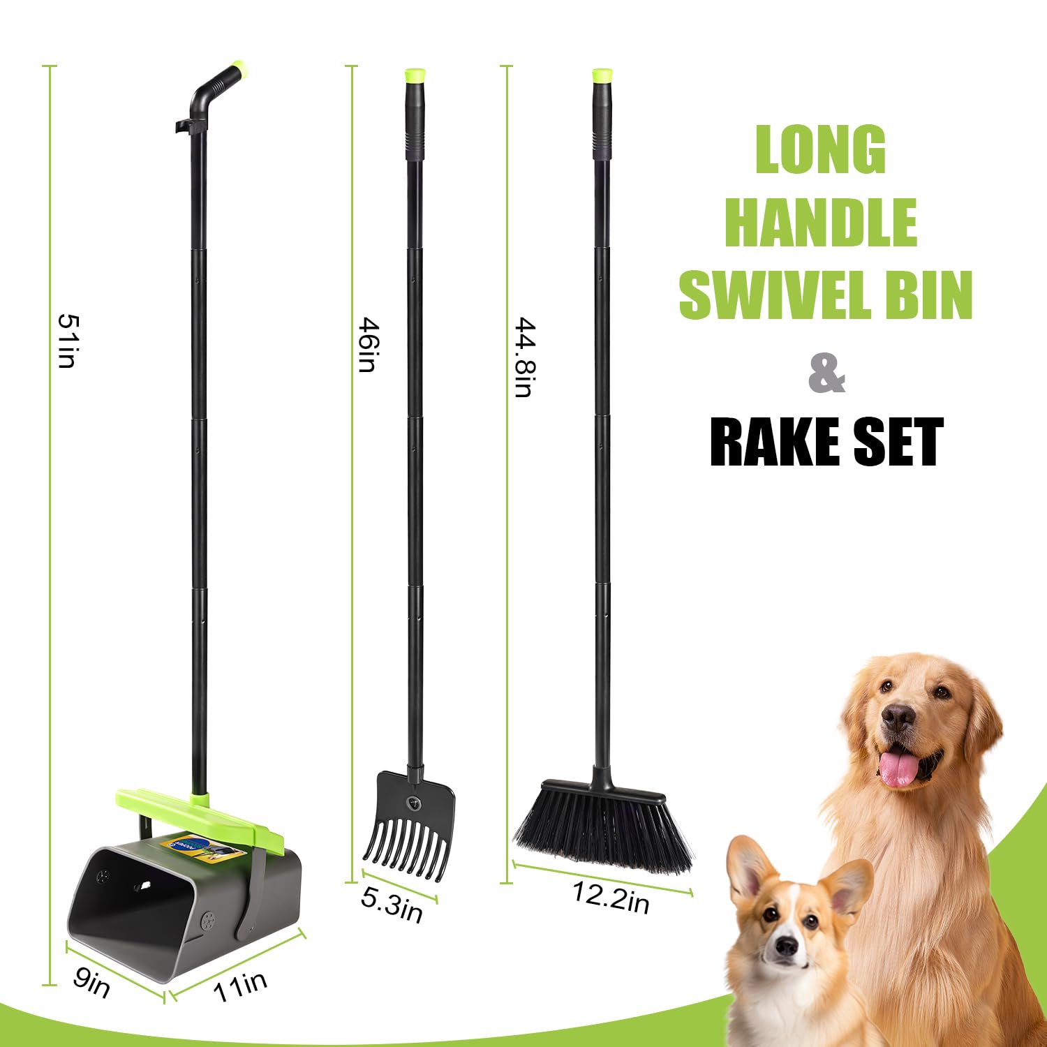 Pooper Scooper Swivel Bin & Rake Kit With Broom Set Of 3 For Large Medium Small Dogs With 46'' Long Metal Handle And 35 Waste Ba