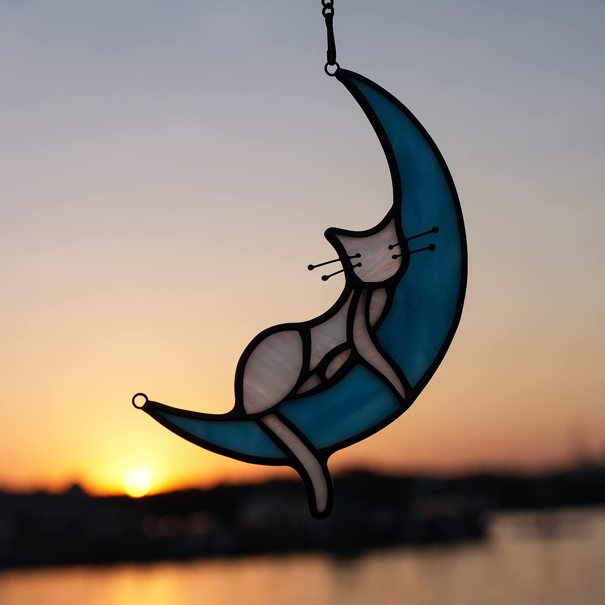 Haosum Sleeping White Cat On Moon Stained Glass Window Hangings,Cat Decor Cat Memorial Gifts For Cat Lovers,White Cat Suncatcher For Kitchen Bedroom Birthday Gift For Mom Grandma Aunt