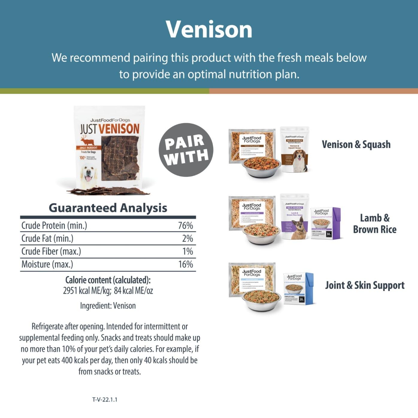 JustFoodForDogs Venison Dog Treats, Single-Ingredient Healthy Dog Treats, Made in The USA, 5 oz