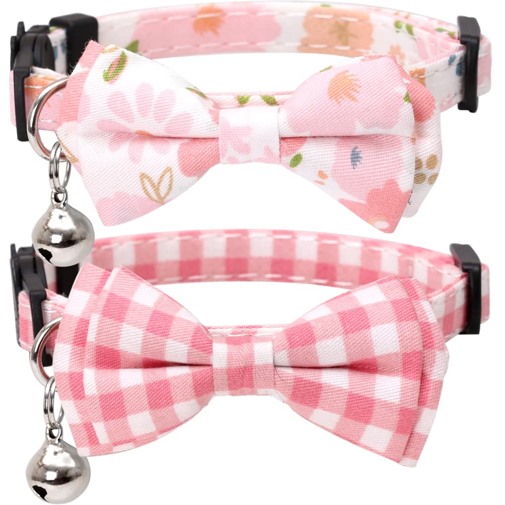 2 Pack/Set Cat Collar Breakaway With Cute Bow Tie And Bell Plaid Flower For Kitty Adjustable Safety