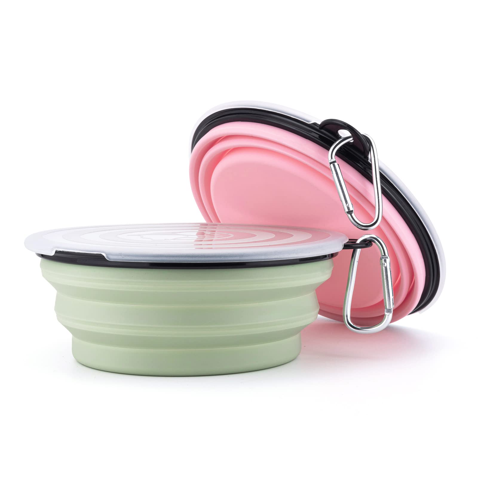 Slson Dog Bowls Pet Collapsible Bowl With Cover Lids,2 Pack Dog Travel Bowls Portable Foldable Cat Water Dish Bowl For Pets Walking Parking Camping (Fairy Pink And Sprout Green, Large)