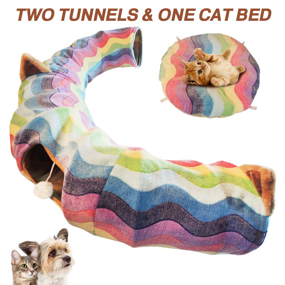Homeya Cat Tunnel Bed With Mat,Collapsible 3 Way Cat Play Tube Condo Toy With Peek Hole Fun Ball Indoor Outdoor Soft Hideout Exe