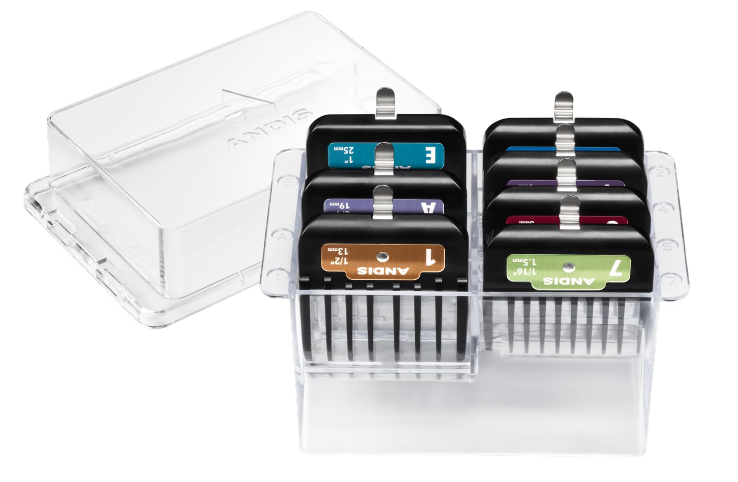 Andis 562014 Premium Clip Animal Comb Set - Built with Plastic, Includes 7 Color Coded Combs of Different Sizes, Metal Clip to A