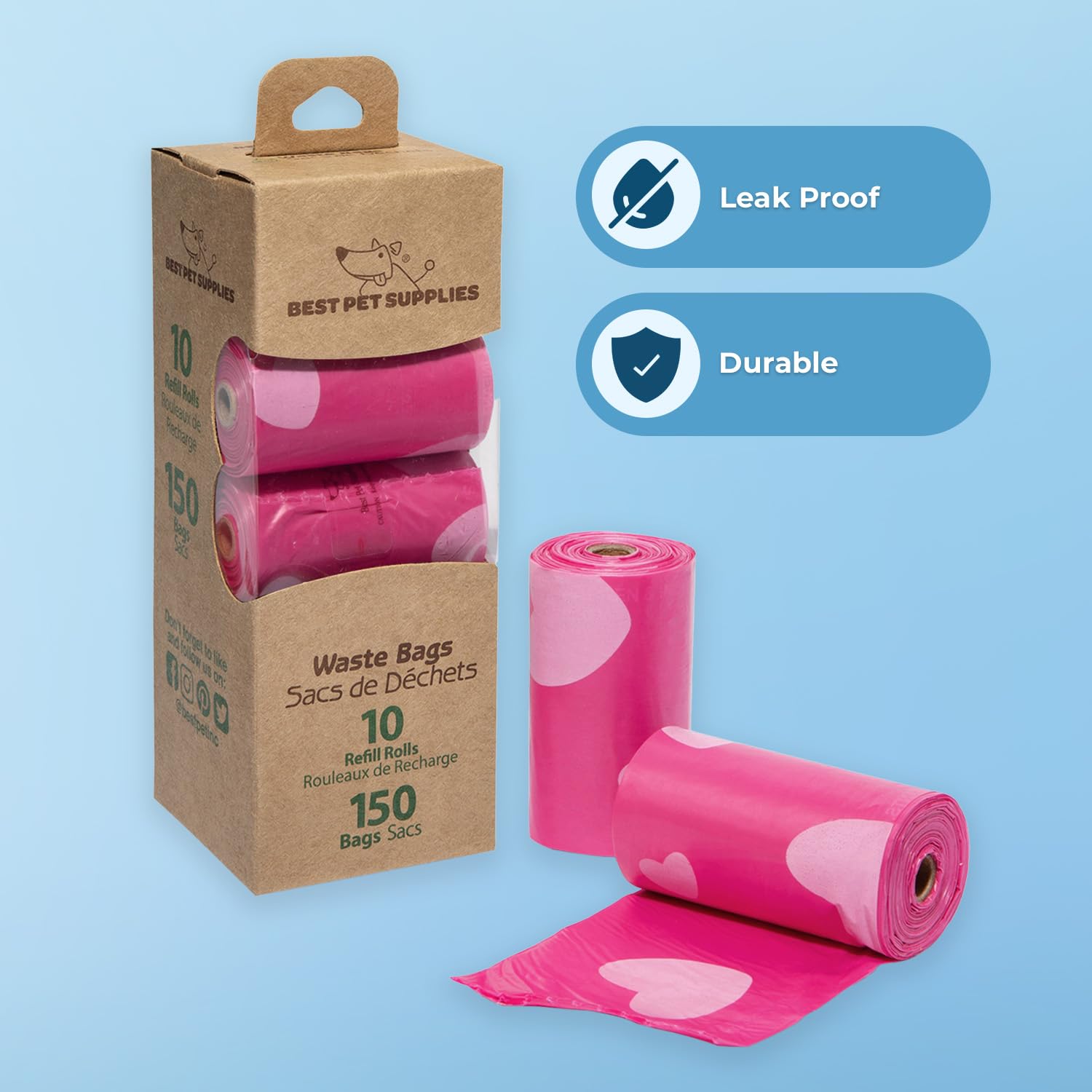 Best Pet Supplies Dog Poop Bags (150 Bags) For Waste Refuse Cleanup, Doggy Roll Replacements For Outdoor Puppy Walking And Travel, Leak Proof And Tear Resistant, Thick Plastic - Pink Heart