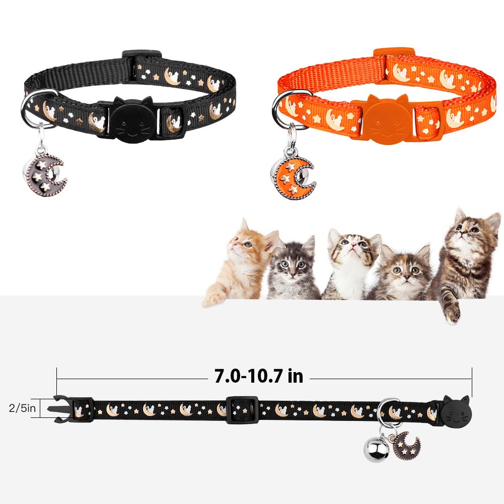 2Pcs Breakaway Cats Collars Cat Collars For Boy & Girl Cats Adjustable Kitten Collars With Bell,Black+Tangerine