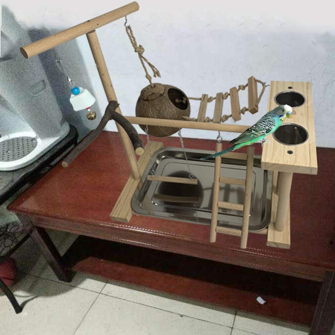 Hamiledyi Parrot Playground Bird Play Stand Natural Wood Parrot Perch Gym With Feeder Cups Cockatiel Nest With Ladder Lovebirds Cage Accessories Toy Exercise Activity Center For Cockatiel Lovebirds