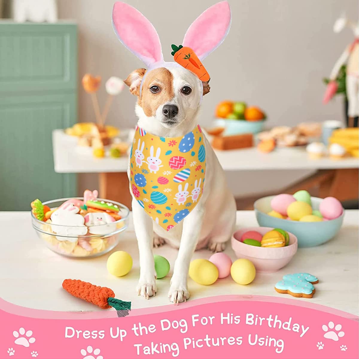 Dog Easter Bunny Costume, Pet Rabbit Ears Headband, Puppy Egg Bandana, Funny Carrot Dog Toy Set, Teeth Cleaning Chew Toys Gifts