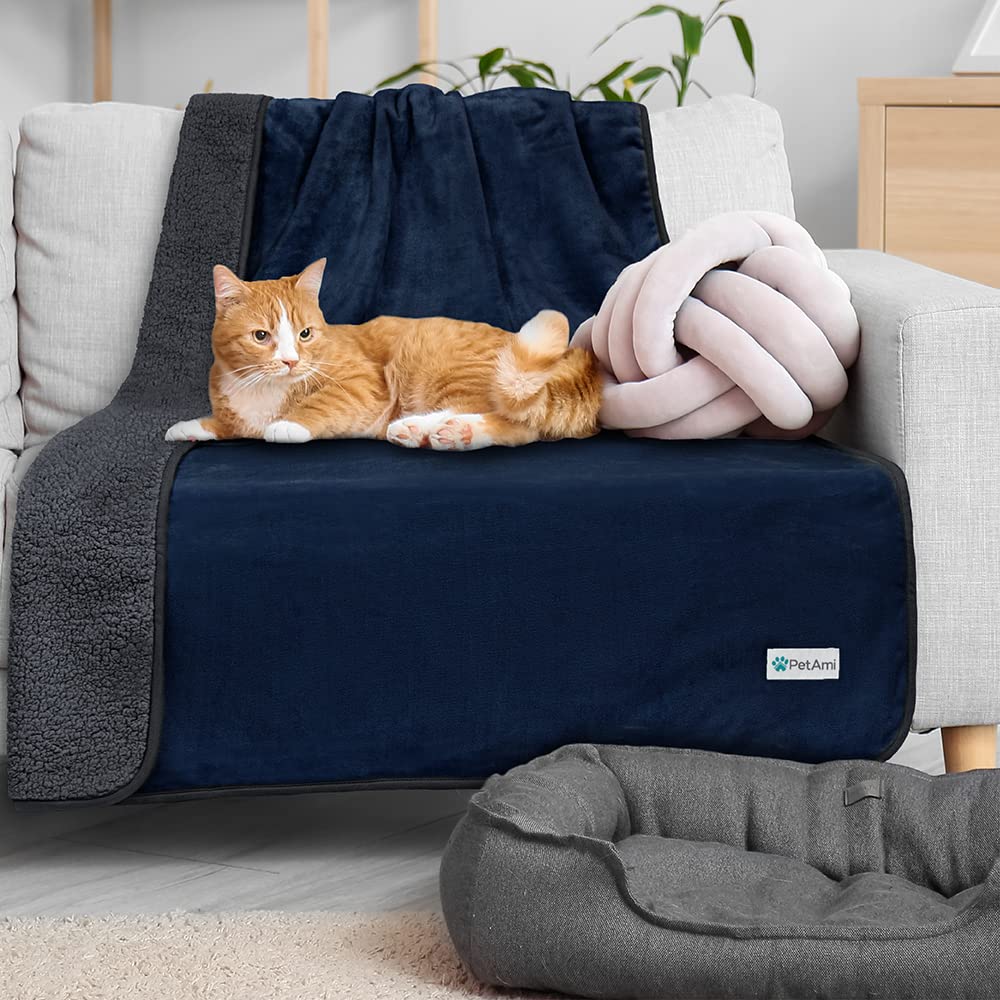 Petami Waterproof Dog Blanket For Small Medium Dogs, Pee Proof Pet Blanket Sherpa Fleece Couch Cover, Reversible Cat Throw Bed Sofa Protector, Soft Plush Washable Pad (Small 24X32, Blue/Gray)