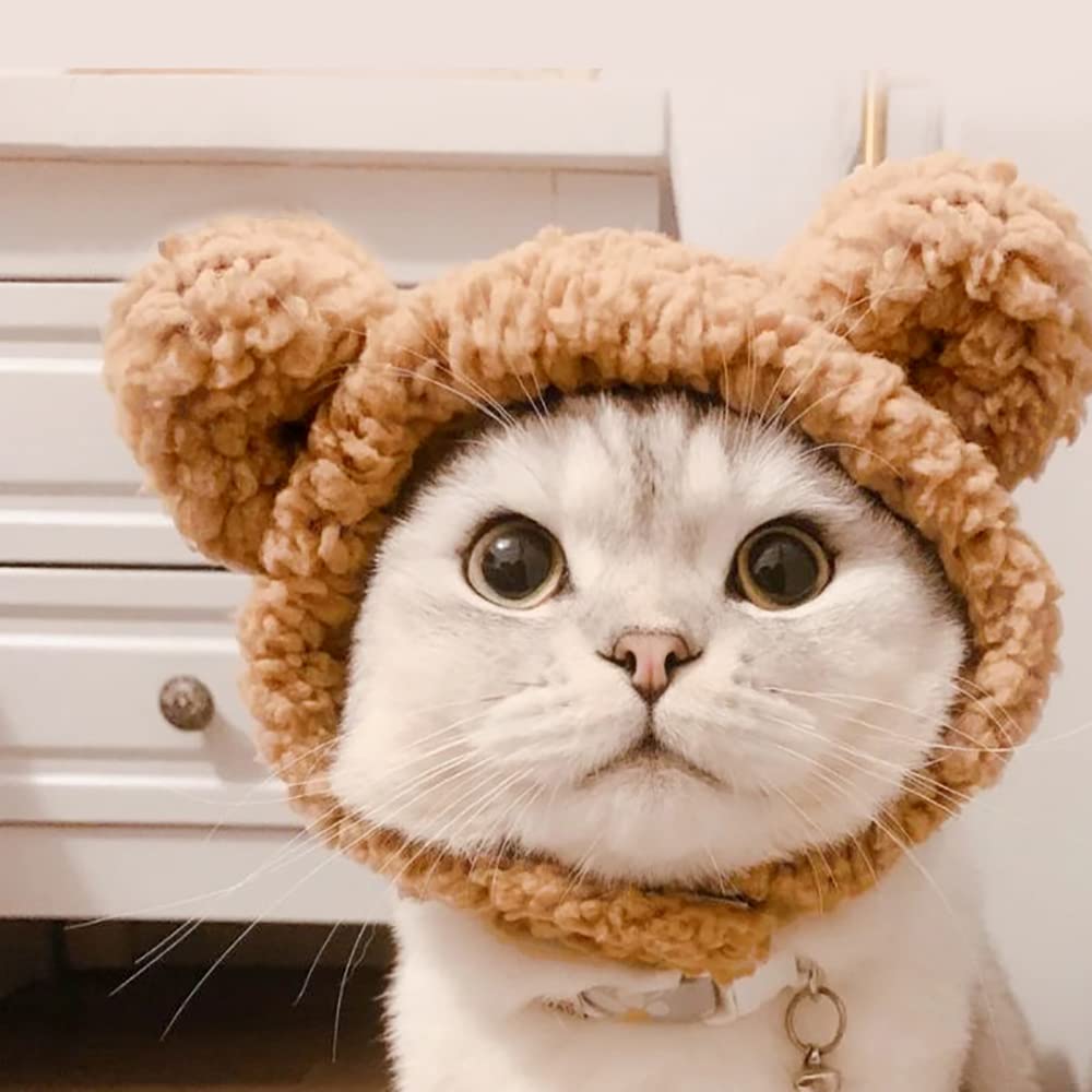 Joicee Cute Cat Costume Warm Bear Hat For Cat Adjustable Soft Small Pet Headwear Bear Hat For Cat Puppy Dog (Brown)