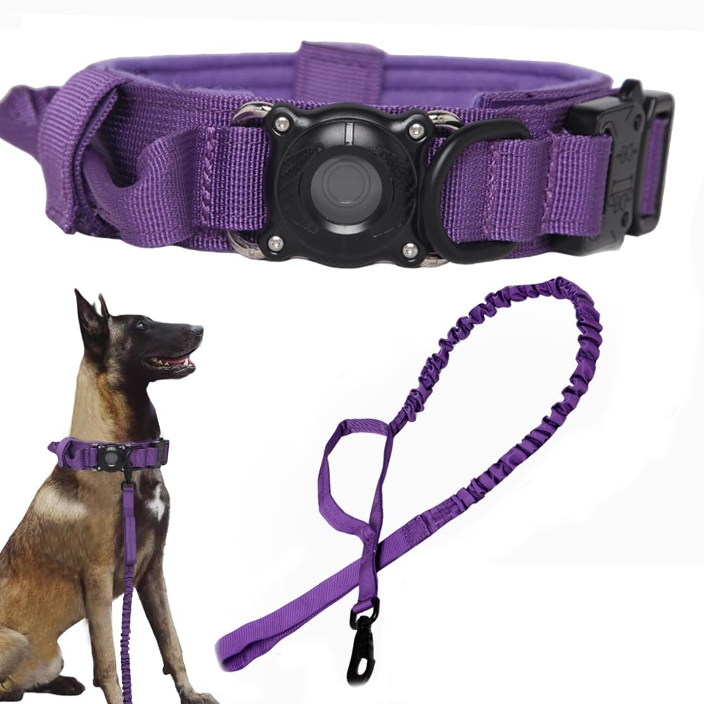 Tactical Dog Collar And Leash Set With Airtag Holder Waterproof Dog Airtag Collar With Handle Adjustable Heavy Duty Dog Collar L